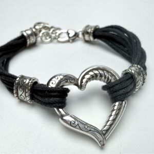 Brighton Heritage Heart bracelet Black Rope Cord Open Heart 7"-8"